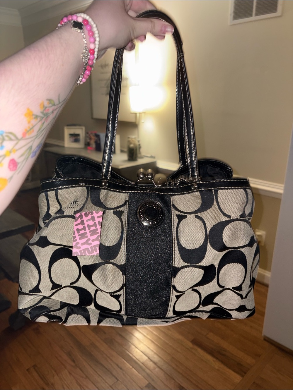 Coach Black and Cream Signature Tote with Leather Trim Y2K vintage